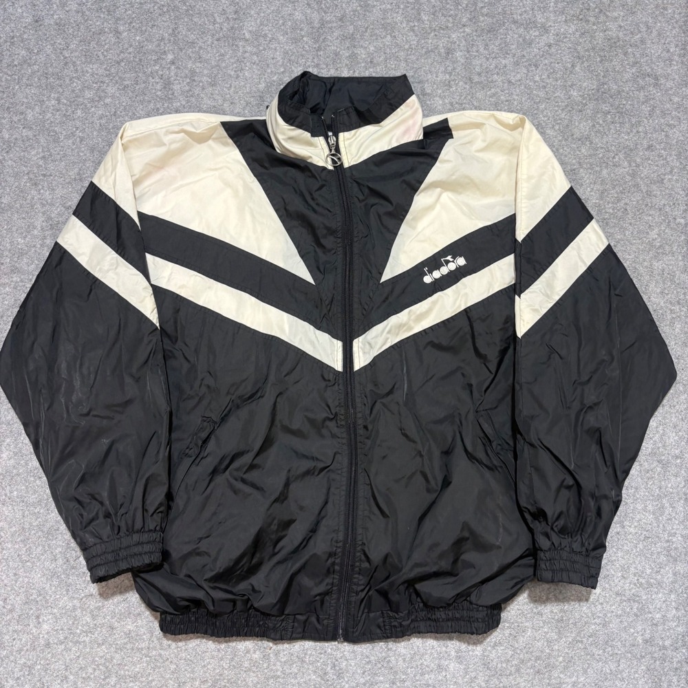 Diadora Soccer Mens Vintage Windbreaker Jacket Black Cream Full Zip Size M